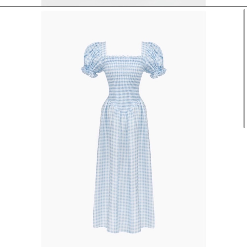 Sleeper Belle dress in blue Vichy XS with hair tie Bridgerton vibe